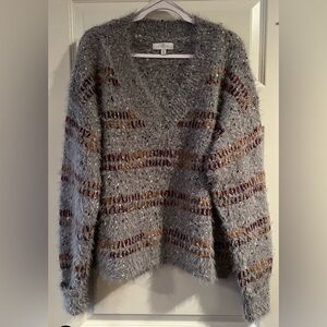 New Directions Gray V-Neck Sweater with Stripes